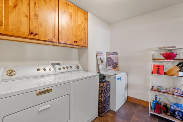 15222 Mt Highway 35, Bigfork, MT 59911 - laundry area with separate washer and dryer, cabinet space, baseboards, and dark tile patterned floors