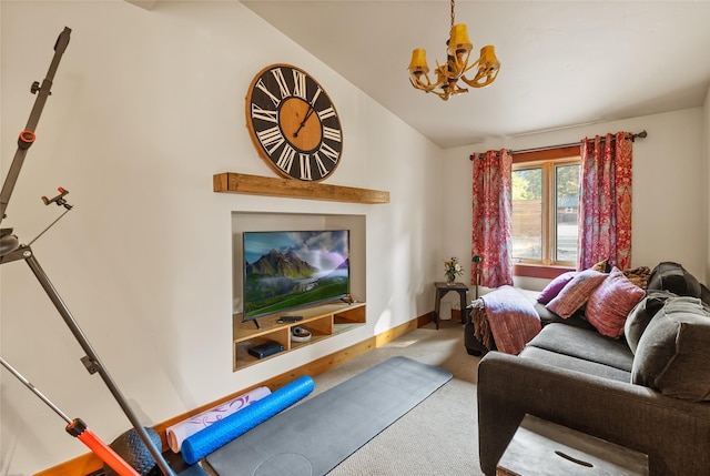 15222 Mt Highway 35, Bigfork, MT 59911 - living room featuring carpet flooring, a chandelier, baseboards, and vaulted ceiling