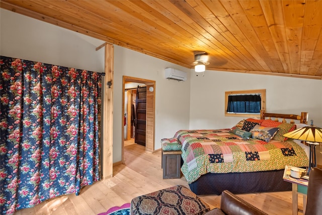 15222 Mt Highway 35, Bigfork, MT 59911 - bedroom with wood ceiling, an AC wall unit, wood-type flooring, and a ceiling fan
