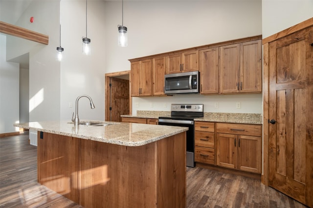 kitchen with appliances with stainless steel finishes, a sink, a high ceiling, brown cabinets, and dark wood-style floors