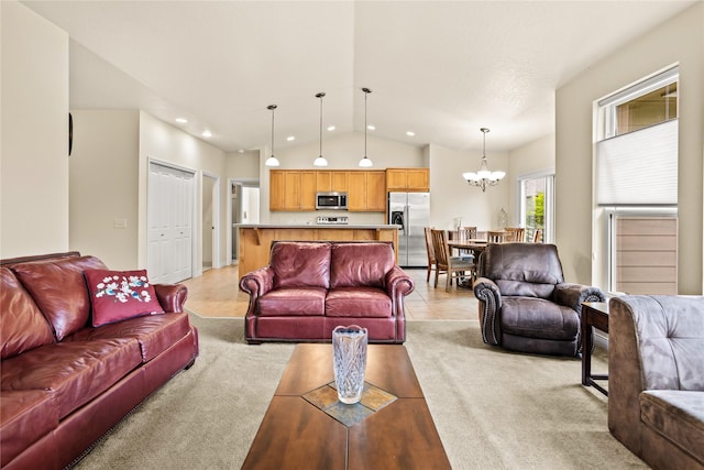 2719 Carnoustie Way, Missoula, MT 59808 - living room with a chandelier, lofted ceiling, recessed lighting, and light carpet