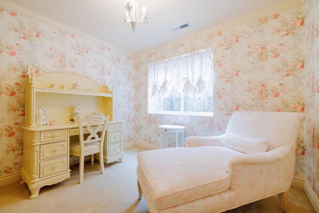 4340 Fox View Loop, Helena, MT 59602 - bedroom featuring an office area, light colored carpet, baseboards, a chandelier, and wallpapered walls