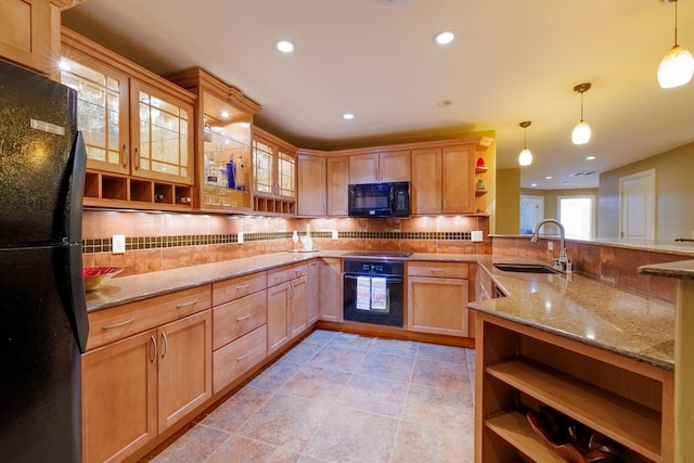 4340 Fox View Loop, Helena, MT 59602 - kitchen featuring black appliances, a sink, open shelves, backsplash, and recessed lighting
