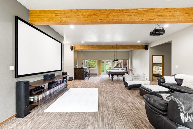 207 Cyprus Dr, Butte, MT 59701 - carpeted cinema with beamed ceiling, recessed lighting, billiards table, and baseboards