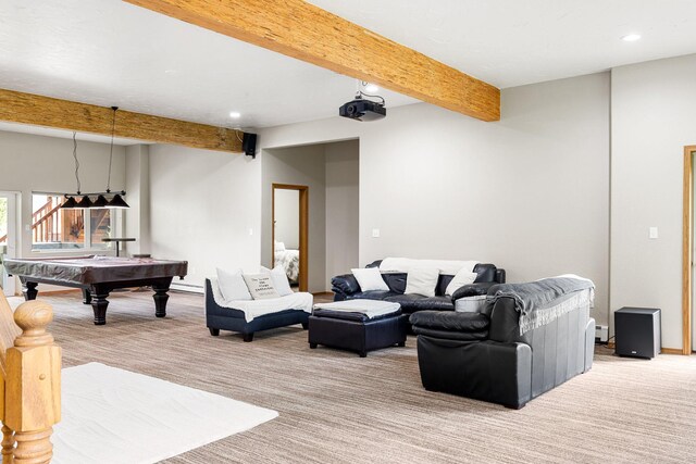 207 Cyprus Dr, Butte, MT 59701 - living area with beam ceiling, recessed lighting, pool table, and baseboard heating