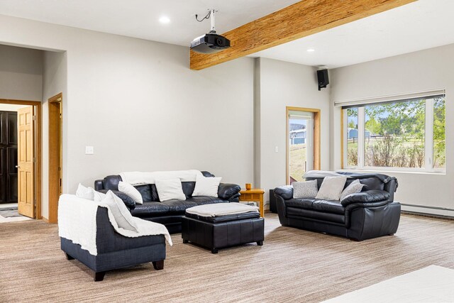 207 Cyprus Dr, Butte, MT 59701 - living area featuring recessed lighting, beamed ceiling, baseboard heating, and light colored carpet