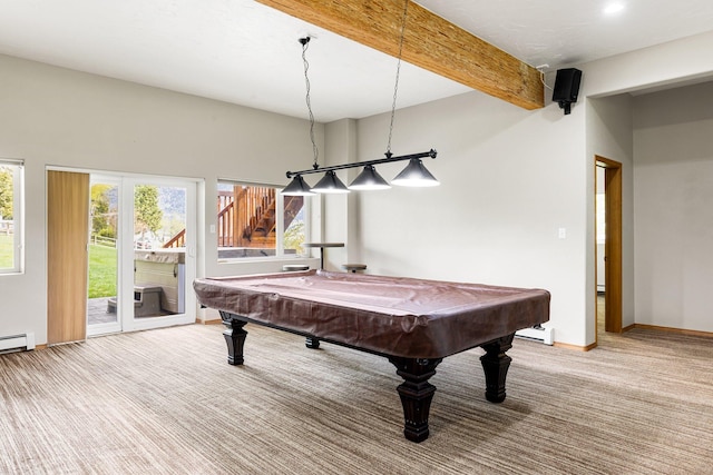 207 Cyprus Dr, Butte, MT 59701 - game room featuring carpet, billiards, baseboard heating, baseboards, and beam ceiling