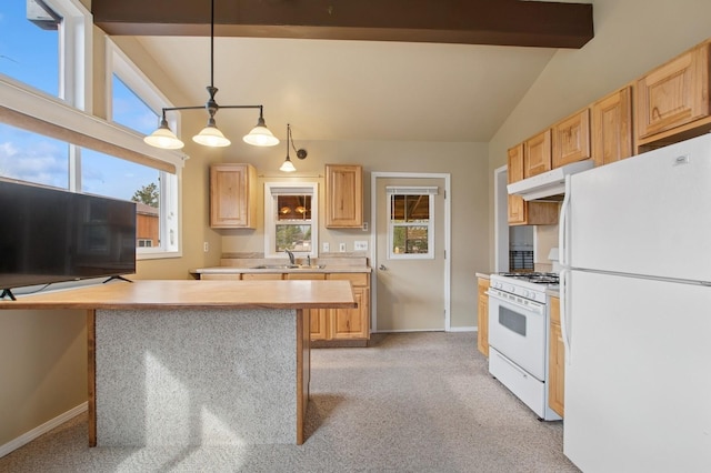 67 Allen Dr, Columbia Falls, MT 59912 - kitchen featuring white appliances, a sink, under cabinet range hood, light countertops, and light colored carpet