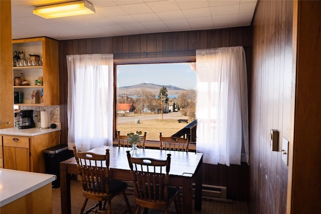 1807 1st St E, Polson, MT 59860 - dining area featuring a mountain view and wood walls