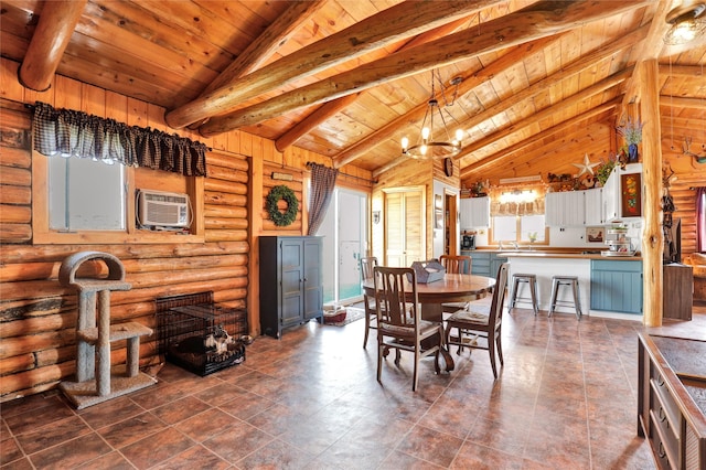 5 Lake Flat Ln, Great Falls, MT 59404 - dining room with wooden ceiling, log walls, cooling unit, and a chandelier