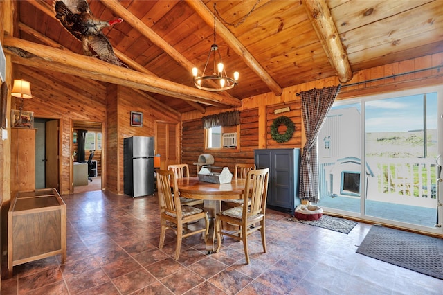 5 Lake Flat Ln, Great Falls, MT 59404 - dining room featuring wooden ceiling, wooden walls, a chandelier, and an AC wall unit