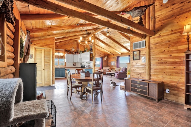5 Lake Flat Ln, Great Falls, MT 59404 - dining room featuring wood ceiling, wood walls, and a chandelier