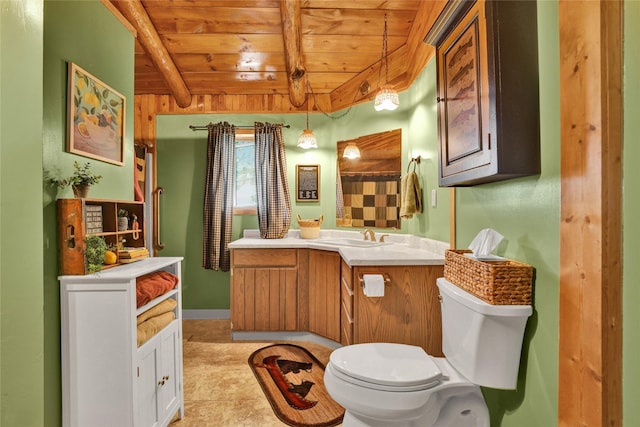 5 Lake Flat Ln, Great Falls, MT 59404 - bathroom featuring wood ceiling with exposed beams, toilet, vanity, and a shower with shower curtain