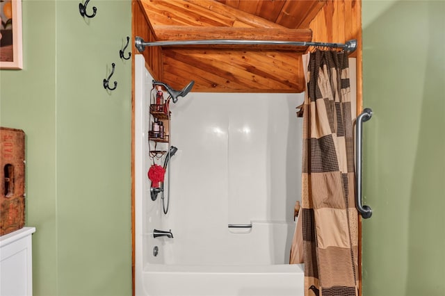 5 Lake Flat Ln, Great Falls, MT 59404 - bathroom with shower / bath combination with curtain and wooden ceiling