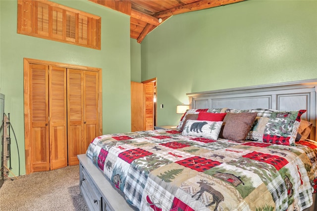 5 Lake Flat Ln, Great Falls, MT 59404 - bedroom featuring a wooden ceiling with exposed beams, carpet flooring, a closet, and high vaulted ceiling