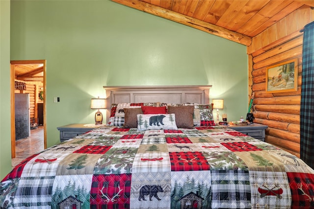 5 Lake Flat Ln, Great Falls, MT 59404 - bedroom featuring rustic walls, a wooden ceiling with exposed beams, and high vaulted ceiling