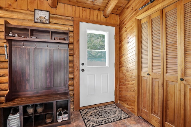 5 Lake Flat Ln, Great Falls, MT 59404 - mudroom featuring log walls and a wooden ceiling with exposed beams