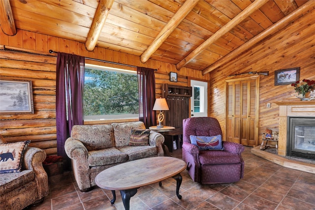 5 Lake Flat Ln, Great Falls, MT 59404 - living room featuring wood ceiling, a glass covered fireplace, tile patterned floors, and wood walls
