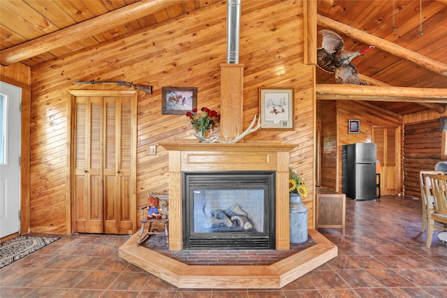 5 Lake Flat Ln, Great Falls, MT 59404 - living room with wood ceiling, wood walls, and a fireplace with raised hearth