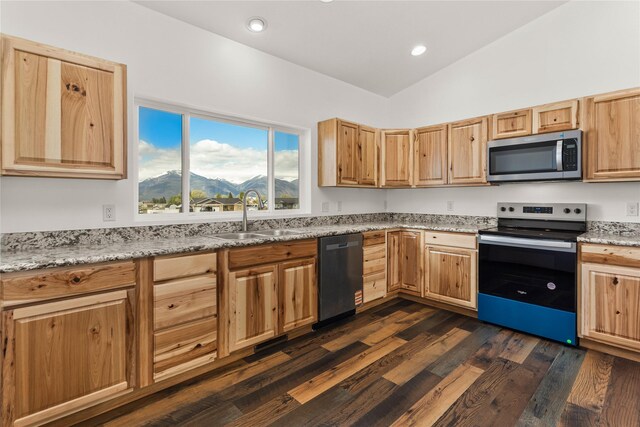 4452 Ludwig Ln, Stevensville, MT 59870 - kitchen featuring stainless steel appliances, a sink, vaulted ceiling, dark wood-style floors, and light stone countertops