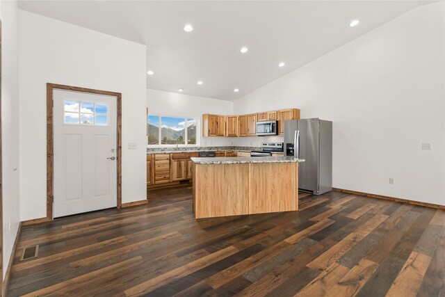 4452 Ludwig Ln, Stevensville, MT 59870 - kitchen featuring stainless steel appliances, a kitchen island, dark wood finished floors, lofted ceiling, and a sink