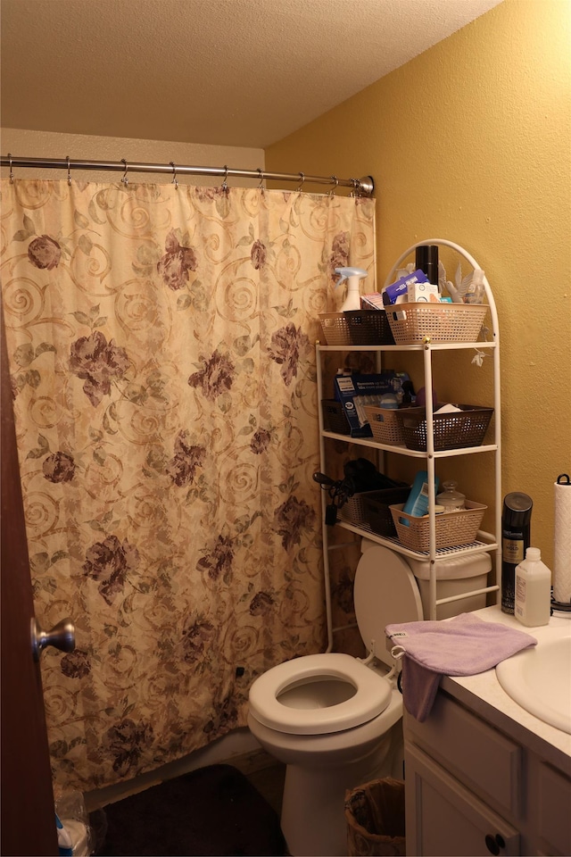 507 2nd St, Valier, MT 59486 - full bathroom with toilet, vanity, a textured ceiling, a shower with curtain, and a textured wall