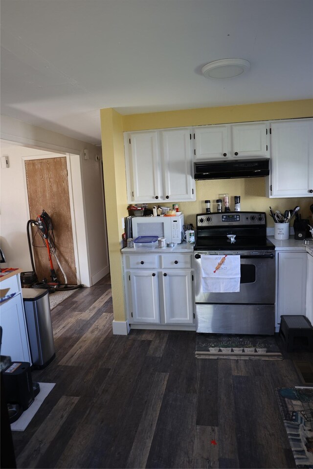 507 2nd St, Valier, MT 59486 - kitchen featuring stainless steel electric range oven, under cabinet range hood, white microwave, light countertops, and white cabinets