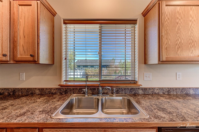 kitchen with a sink and dark countertops