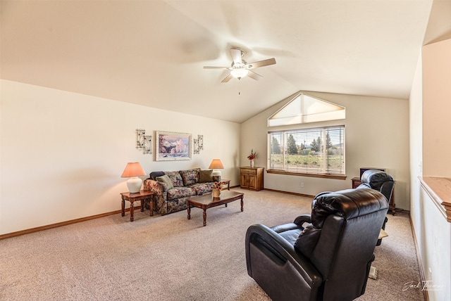 living room with carpet flooring, a ceiling fan, vaulted ceiling, and baseboards