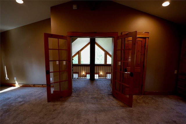 237 N Monture Ct, Seeley Lake, MT 59868 - corridor with lofted ceiling, carpet, recessed lighting, and french doors
