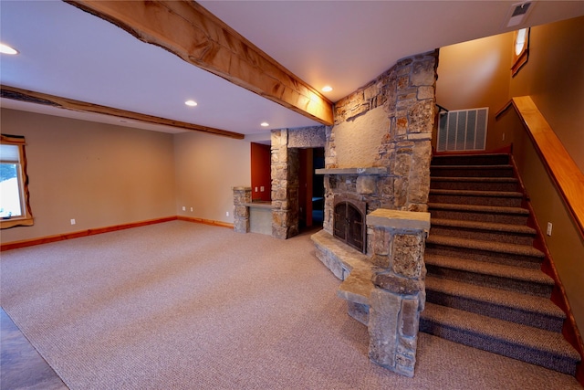 237 N Monture Ct, Seeley Lake, MT 59868 - unfurnished living room with a fireplace, recessed lighting, stairs, carpet flooring, and baseboards