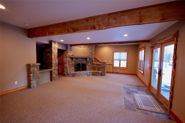 237 N Monture Ct, Seeley Lake, MT 59868 - unfurnished living room featuring a fireplace, carpet, and recessed lighting