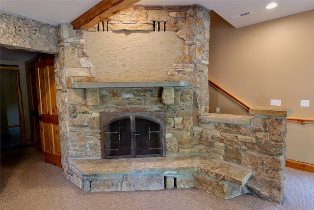 237 N Monture Ct, Seeley Lake, MT 59868 - detailed view of carpet floors and a stone fireplace