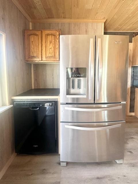 2900 S Montana St Unit 14, Butte, MT 59701 - kitchen with stainless steel fridge with ice dispenser, wood ceiling, dishwasher, light wood finished floors, and wooden walls