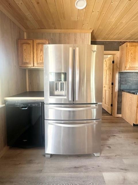2900 S Montana St Unit 14, Butte, MT 59701 - kitchen featuring stainless steel fridge, black dishwasher, wood ceiling, and light wood-style floors