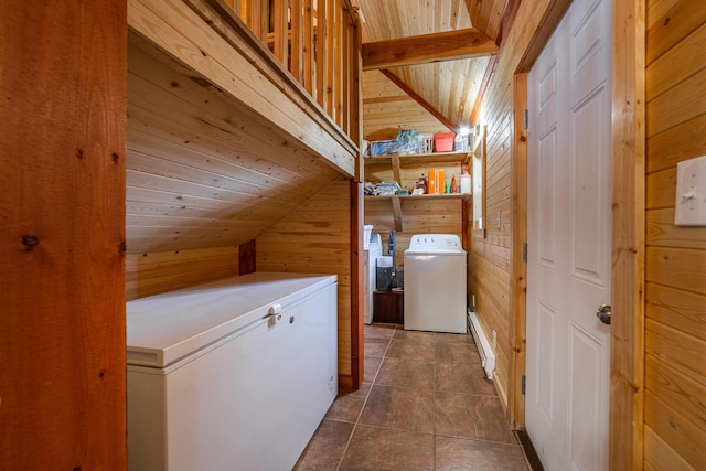 155 Seville Ln, Coram, MT 59913 - laundry room featuring independent washer and dryer and wood walls