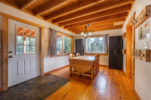 155 Seville Ln, Coram, MT 59913 - dining area with wooden ceiling with exposed beams, a chandelier, baseboards, and light wood-style floors