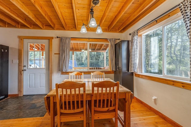 155 Seville Ln, Coram, MT 59913 - dining space with wood ceiling with exposed beams, baseboards, and wood finished floors