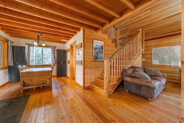 155 Seville Ln, Coram, MT 59913 - stairs with wood walls, hardwood / wood-style flooring, wood ceiling with exposed beams, and baseboards