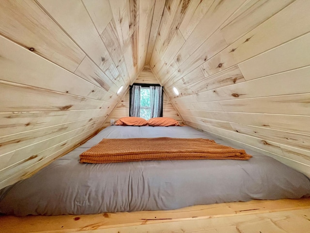 155 Seville Ln, Coram, MT 59913 - bedroom featuring vaulted ceiling and wood walls