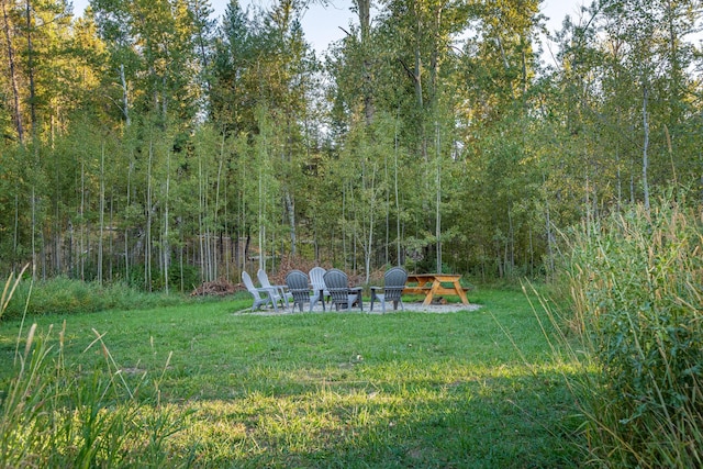 155 Seville Ln, Coram, MT 59913 - view of green lawn featuring a fire pit and a wooded view