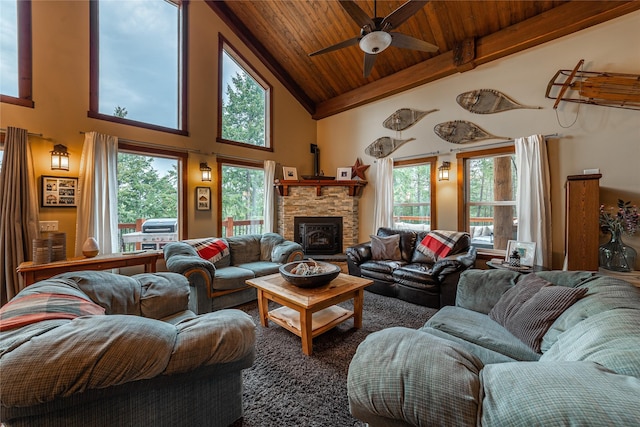277 Ridge Loop Rd, Rexford, MT 59930 - living area featuring wooden ceiling with exposed beams, high vaulted ceiling, ceiling fan, and a stone fireplace