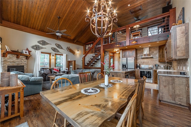 277 Ridge Loop Rd, Rexford, MT 59930 - dining space featuring a ceiling fan, high vaulted ceiling, stairs, a fireplace, and dark wood finished floors