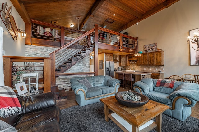 277 Ridge Loop Rd, Rexford, MT 59930 - living area with wood ceiling with exposed beams, a chandelier, wood finished floors, high vaulted ceiling, and stairs