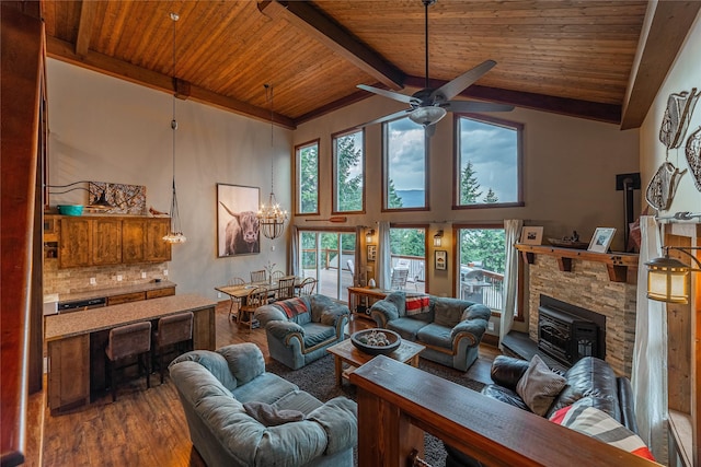 277 Ridge Loop Rd, Rexford, MT 59930 - living room with wood finished floors, wooden ceiling with exposed beams, high vaulted ceiling, a chandelier, and a ceiling fan