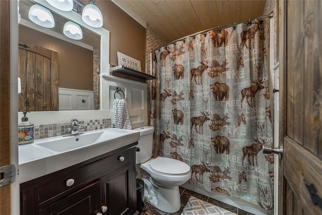 277 Ridge Loop Rd, Rexford, MT 59930 - bathroom featuring toilet, tasteful backsplash, wooden ceiling, vanity, and a shower with curtain