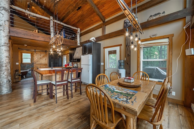 277 Ridge Loop Rd, Rexford, MT 59930 - dining space with light wood-style floors, wood ceiling with exposed beams, high vaulted ceiling, and a barn door