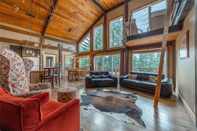 277 Ridge Loop Rd, Rexford, MT 59930 - living room with wood ceiling with exposed beams, high vaulted ceiling, healthy amount of natural light, hardwood / wood-style flooring, and baseboards