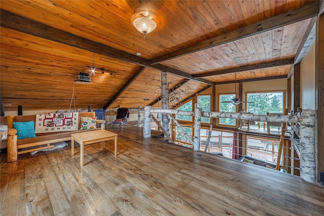 277 Ridge Loop Rd, Rexford, MT 59930 - sitting room with wood ceiling, wood-type flooring, an upstairs landing, and ceiling fan