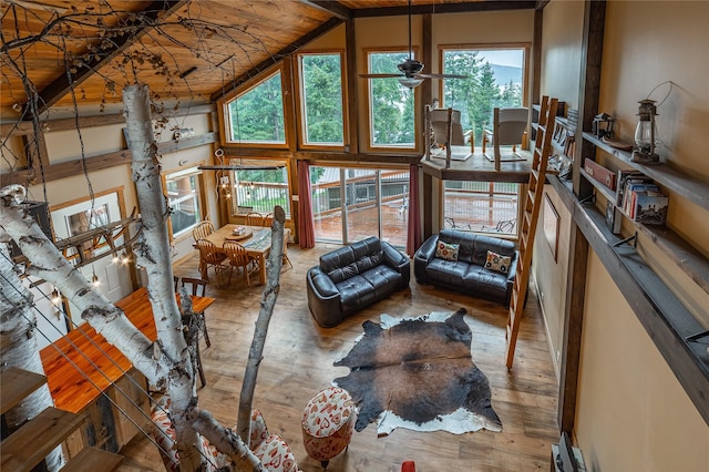 277 Ridge Loop Rd, Rexford, MT 59930 - living area featuring healthy amount of natural light, wood-type flooring, high vaulted ceiling, ceiling fan, and wooden ceiling